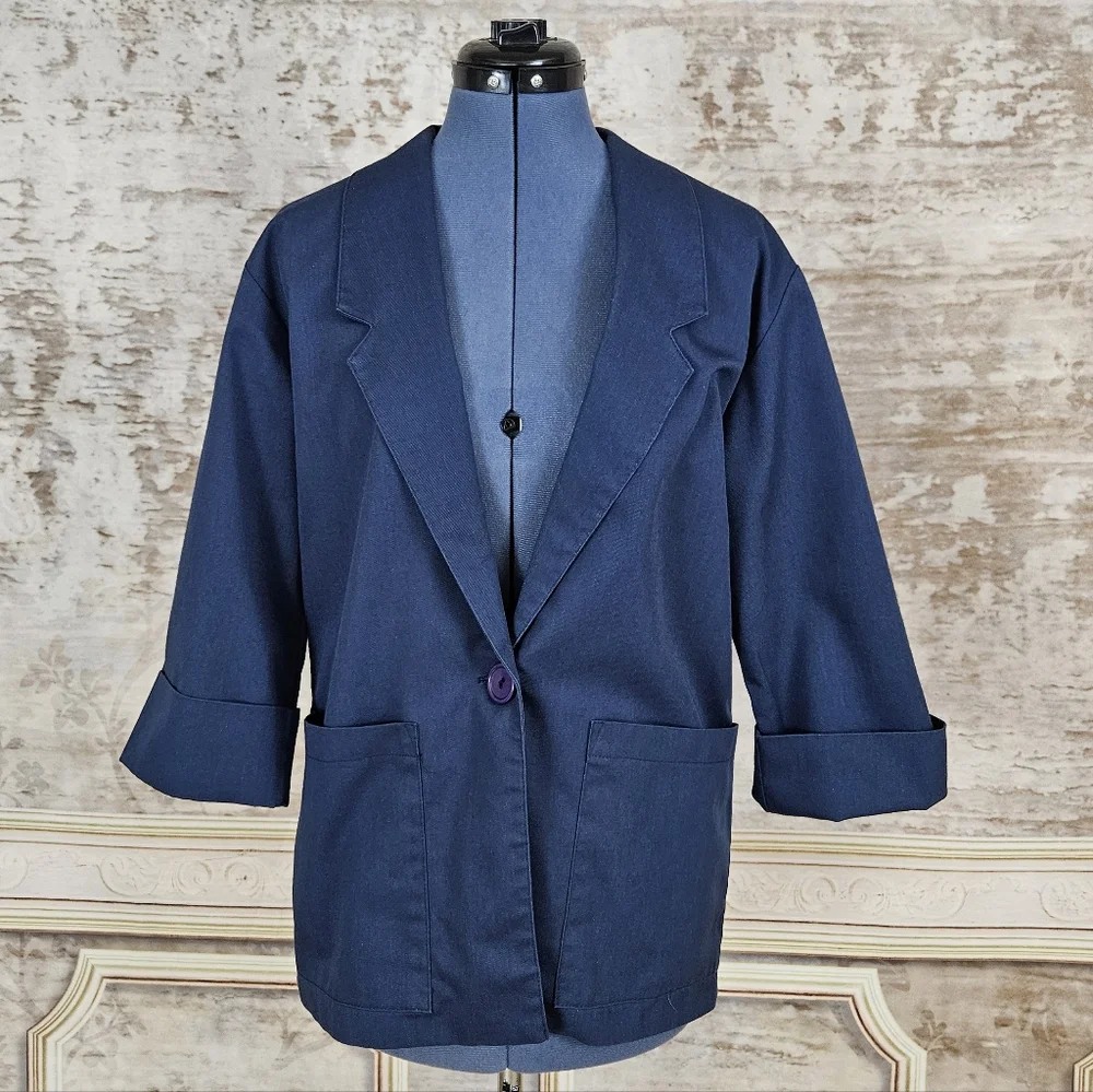 Vintage Blue Chore Coat Blazer Women's S Twill 1980s 80s 1990s Made in USA